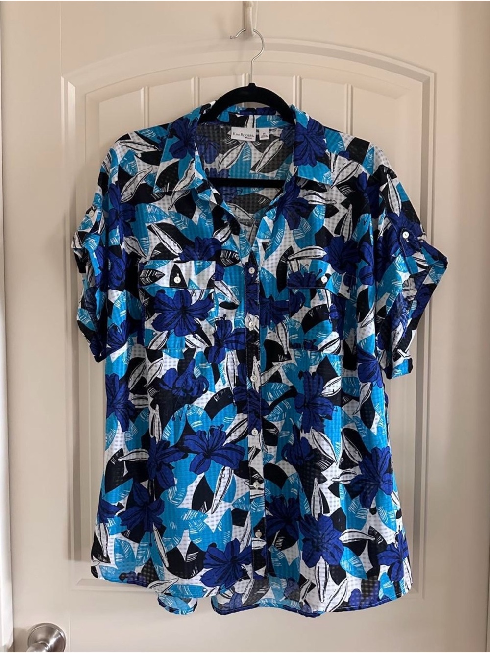 Kim Rogers Blue Floral Button-Front Short Sleeve Blouse